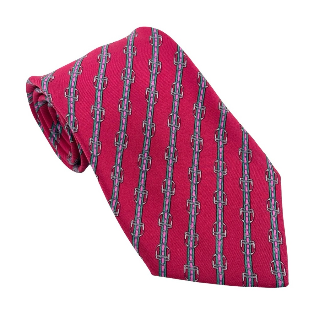 Hermes 100% Silk Mens Neck Tie Red Diagonal Belt Print Pattern 812 Luxury France - Picture 3 of 5
